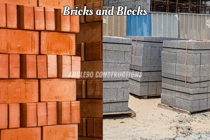 Stacks of red bricks and concrete blocks used for quality construction work by Angle90 Constructions in Coimbatore