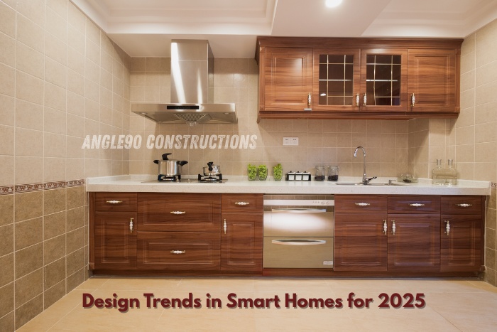 Modern smart home kitchen with wooden cabinets and built-in appliances, designed by Angle90 Constructions in Coimbatore
