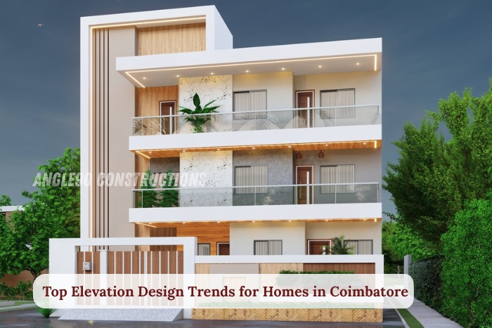 Modern home elevation design in Coimbatore with stylish balcony, lighting, and contemporary exterior finish
